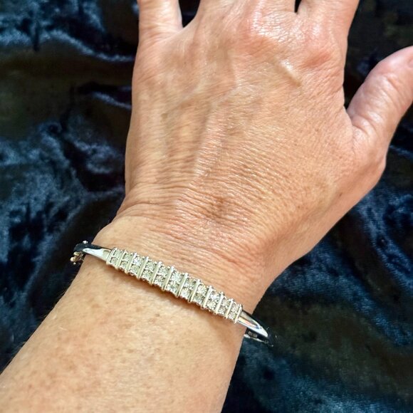 White Diamond Rhodium Over Sterling Silver Bangle Bracelet 0.10ctw